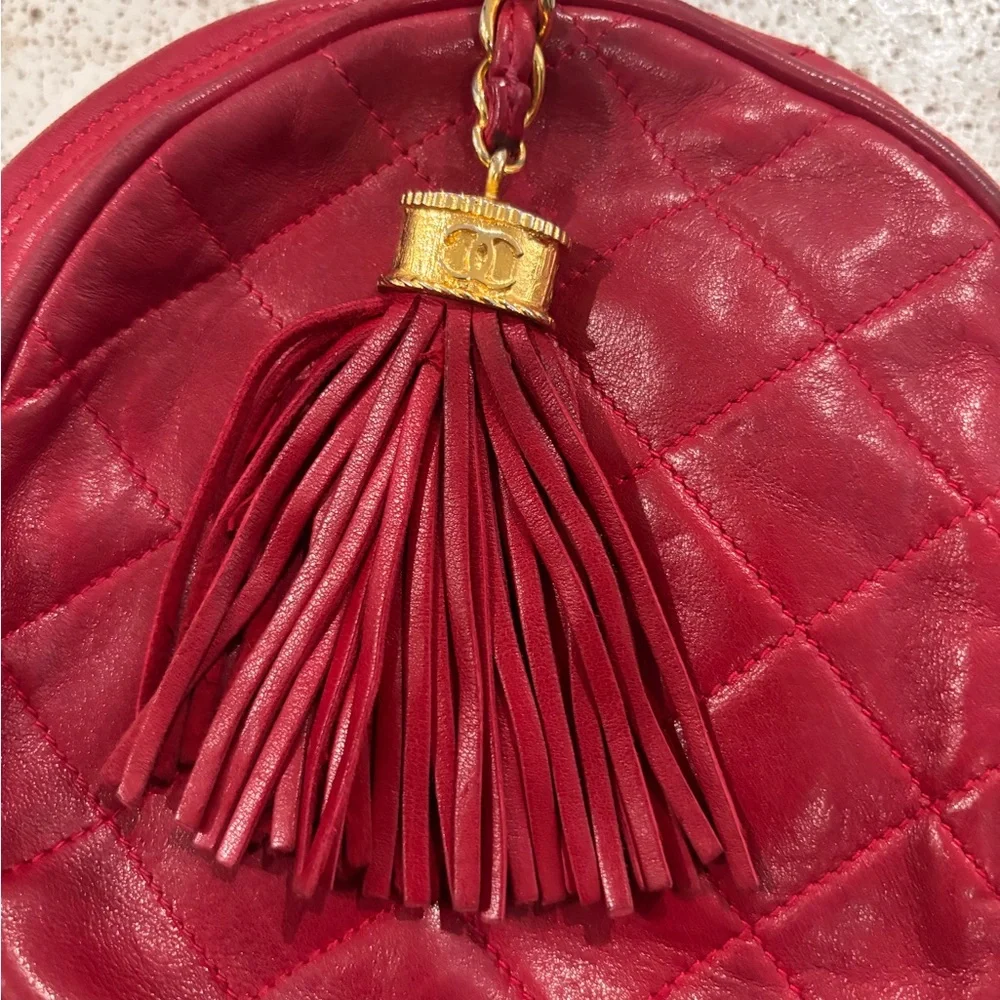Authentic CHANEL RED LAMBSKIN tassel round mini vintage bag